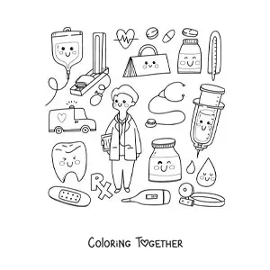 Coloring page of a kawaii doctor with cute things
