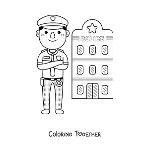 Coloring page of a kawaii police officer in front of the station