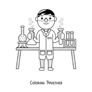 Coloring page of a kawaii scientist in his laboratory