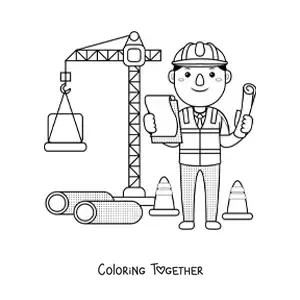 Coloring page of a kawaii civil engineer next to a crane at the construction site