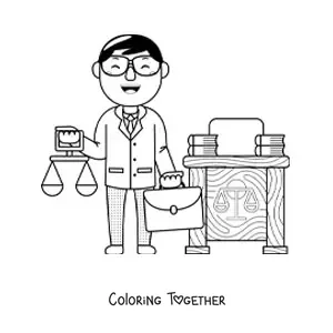 Coloring page of a kawaii lawyer with scales and a briefcase in his office