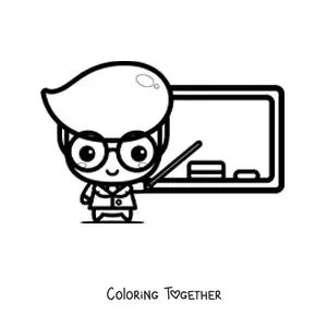 Coloring page of a kawaii teacher giving class in front of the blackboard