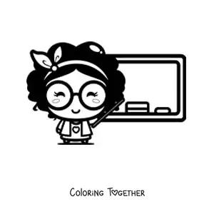 Coloring page of a kawaii woman teacher giving class in front of the blackboard