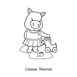 Coloring page of a cute kawaii piglet girl playing nurse