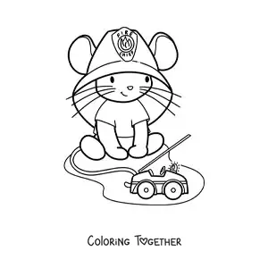 Coloring page of a cute kawaii mouse girl playing firefighter