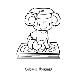 Coloring page of a cute kawaii koala with a graduation cap sitting on a book
