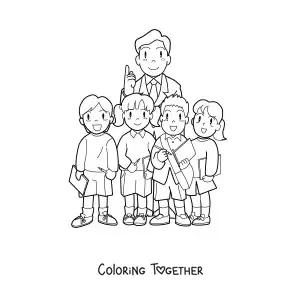 Coloring page of a teacher and primary school students