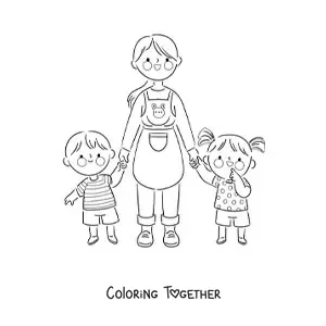 Coloring page of a teacher and kindergarten students