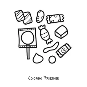 Coloring page of several lollipops and wrapped candies