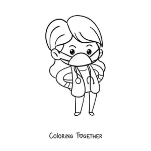 Coloring page of a kawaii woman doctor with a big face mask