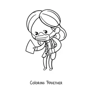 Coloring page of a kawaii woman doctor with a face mask