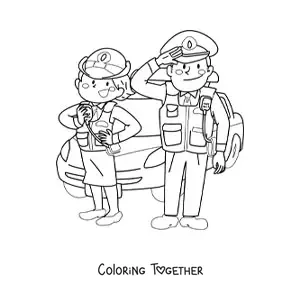 Coloring page of police officers and a patrol car