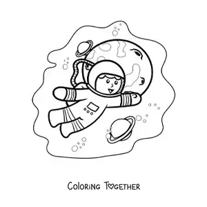 Coloring page of a kawaii astronaut in space