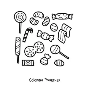 Coloring page of several lollipops and wrapped candies
