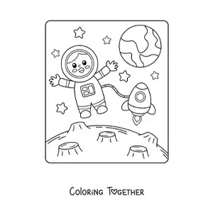 Coloring page of a cute astronaut on the Moon