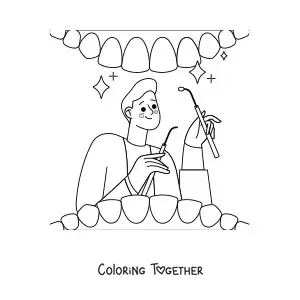 Coloring page of a dentist examining a patient
