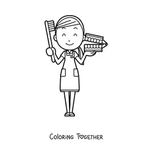 Coloring page of a cute woman dentist with dentures and a toothbrush