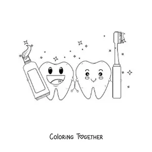 Coloring page of kawaii teeth with a toothbrush and toothpaste