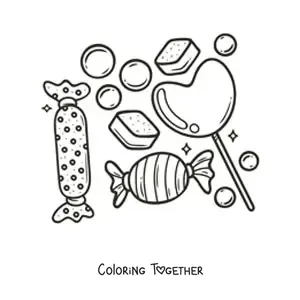 Coloring page of a heart-shaped lollipop, cookies, and candies