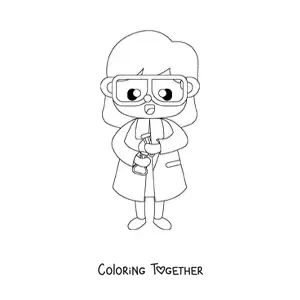 Coloring page of a kawaii woman scientist mixing chemicals