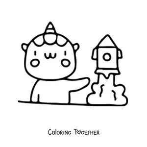 Coloring page of a kawaii unicorn studying a rocket