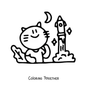 Coloring page of a kawaii cat studying a rocket