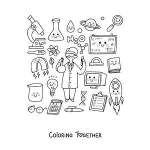Coloring page of a man scientist with cute kawaii things