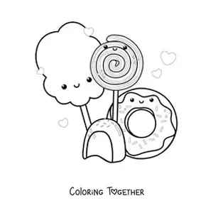 Coloring page of a kawaii lollipop with sweets on either side