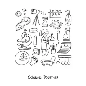 Coloring page of a woman scientist with cute kawaii things