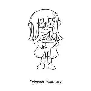 Coloring page of a kawaii woman scientist preparing a solution