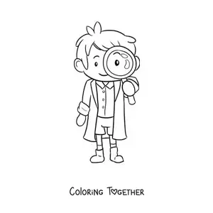 Coloring page of a kawaii man scientist with a magnifying glass