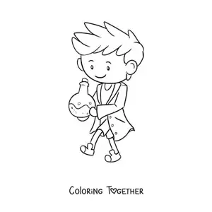 Coloring page of a kawaii man scientist with a chemical