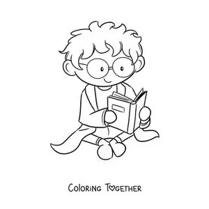 Coloring page of a kawaii scientist sitting and reading a science book