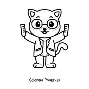 Coloring page of a kawaii scientist cat with chemicals