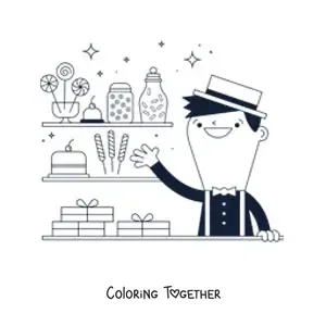 Coloring page of a lollipop and candy vendor