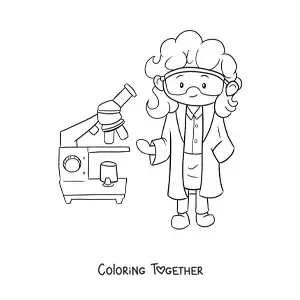 Coloring page of a kawaii scientist with a microscope