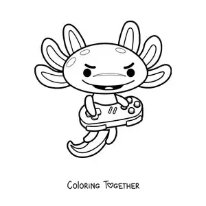 Coloring page of a cartoon kawaii axolotl playing video games