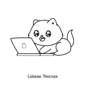 Coloring page of a kawaii cat using a laptop