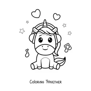 Coloring page of a kawaii unicorn sitting and listening to music with headphones
