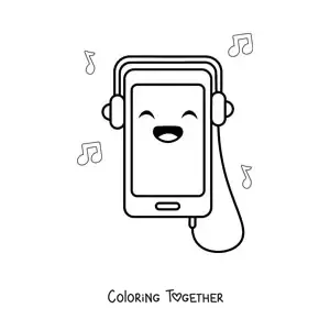 Coloring page of a kawaii smartphone with headphones