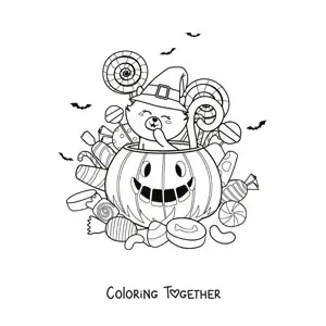 Coloring page of a cat inside a Halloween pumpkin with lollipops and candies