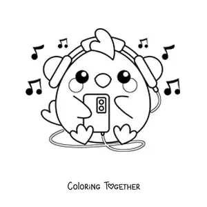 Coloring page of a kawaii chick listening to music on the phone