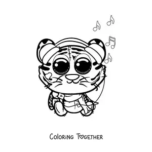 Coloring page of a kawaii tiger listening to music on a portable player