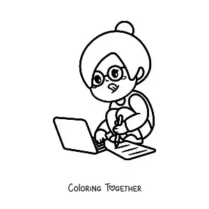 Coloring page of a kawaii girl doing homework on her laptop