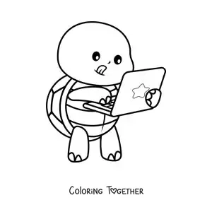 Coloring page of a cartoon kawaii turtle using a laptop