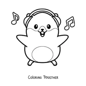 Coloring page of a big kawaii hamster listening to music with headphones