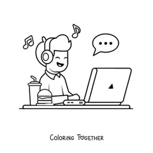 Coloring page of a kawaii boy listening to music on a laptop