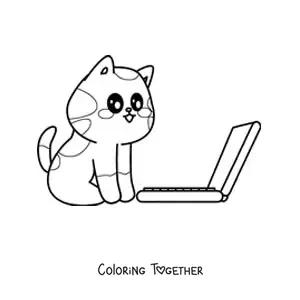 Coloring page of a kawaii cat sitting in front of a laptop