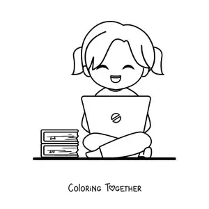 Coloring page of a kawaii girl studying on her laptop