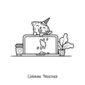 Coloring page of a kawaii cat messing up a laptop with ice cream